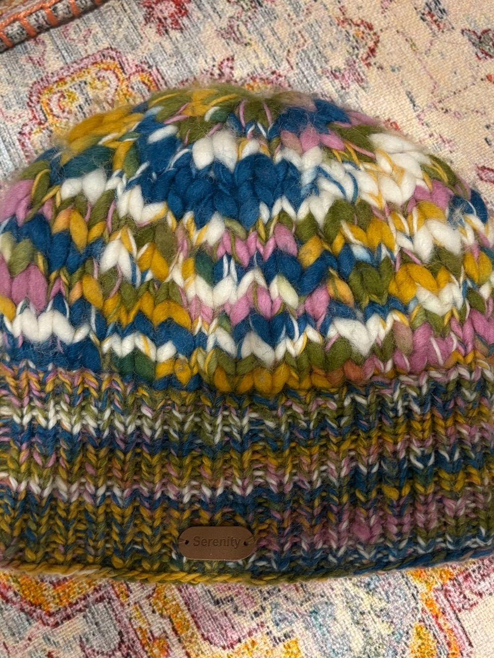 Serenity Multicolor Chunky Knit Beanie - Blue, White, Pink, Green, Mustard